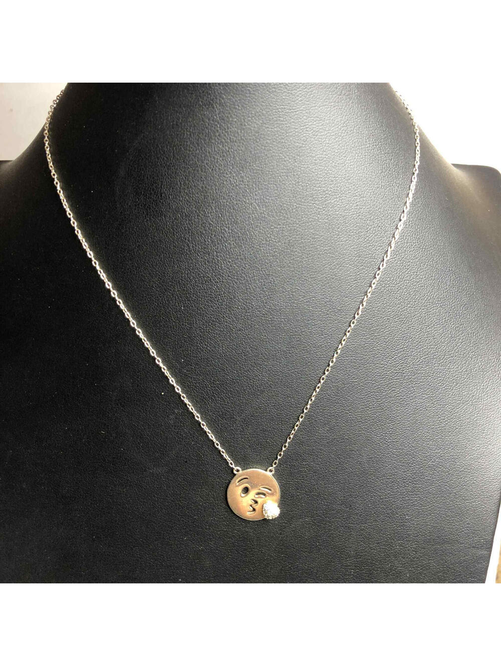 5390 Vermeil 14K over Sterling signed BZK 925 CZ Wink kiss emoji Necklace  2.7g